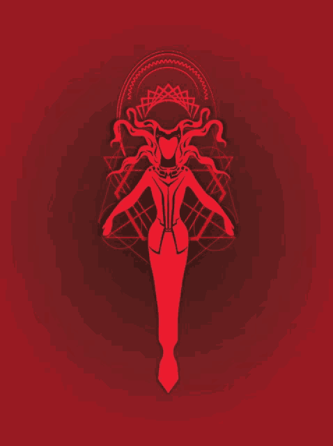 a red silhouette of scarlet witch with a geometric background