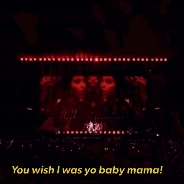 a woman singing into a microphone with the words " you wish i was yo baby mama " above her