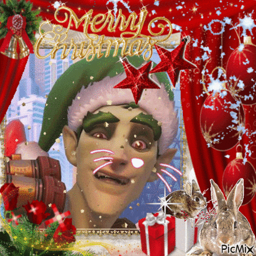 a picture of a man in a santa hat with the words merry christmas above him