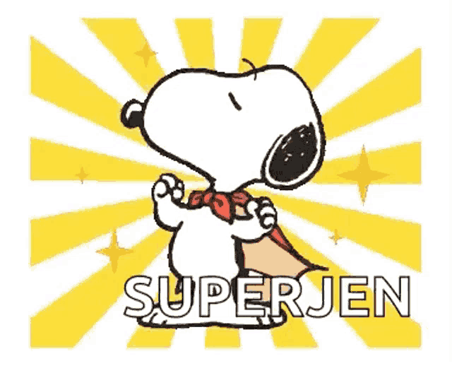a cartoon of snoopy wearing a cape with the words superjen written on it .