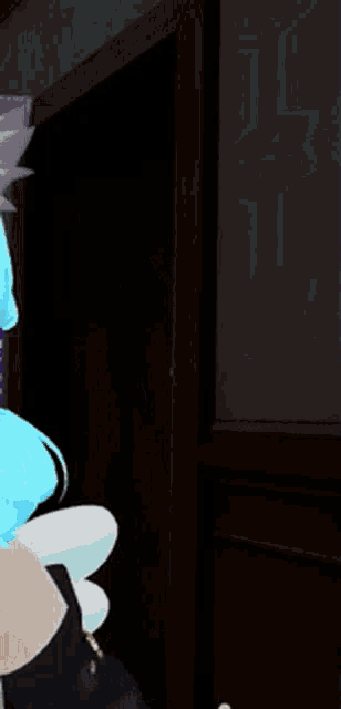 a cartoon character with green hair is peeking out of a door