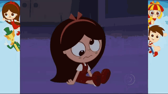 a girl in a red dress is sitting on the ground in a cartoon scene
