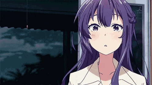 a purple haired anime girl is standing in front of a window .
