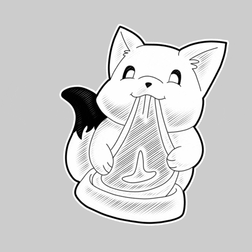 a black and white drawing of a cat chewing on a condom