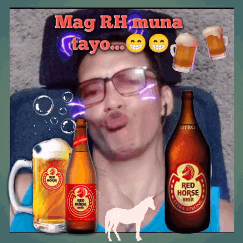 a bottle of red horse beer sits next to a man