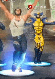 wolverine and a man in a white shirt are dancing in a video game