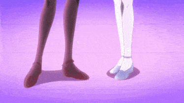 a cartoon drawing of two women 's legs standing next to each other on a purple floor