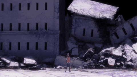 a woman stands in front of a destroyed building with a purple background