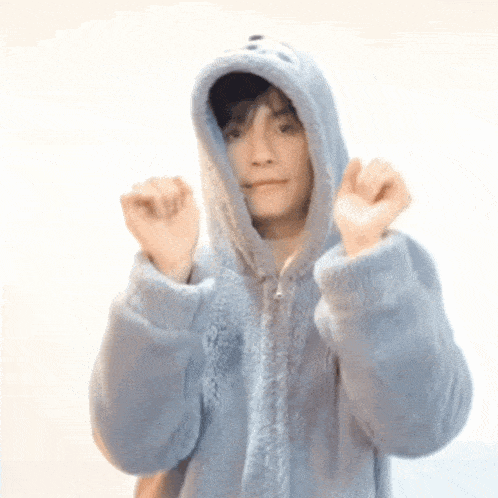 a person wearing a blue hoodie with a seal on it .