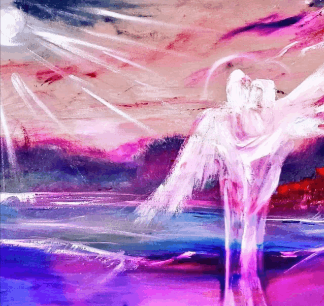 a painting of a person with wings in a purple and pink background