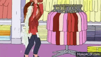 a cartoon of a woman standing in front of a clothes rack