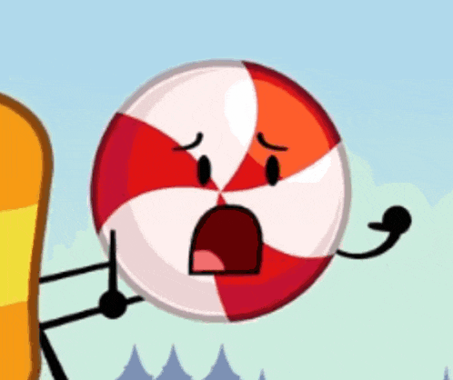 a cartoon character with a red and white candy with a mouth open