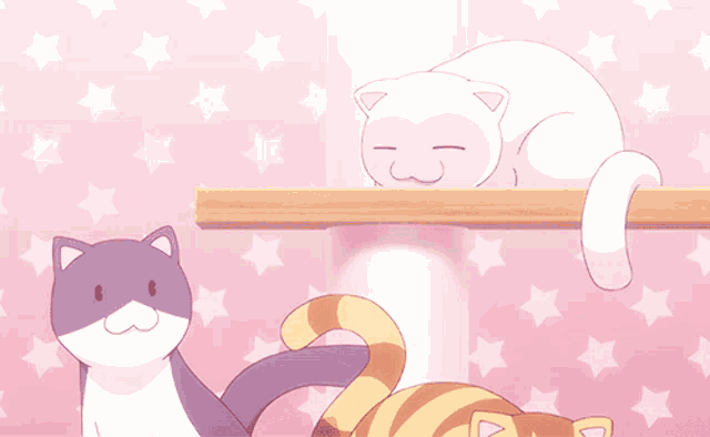 three cartoon cats are sitting on a shelf and one of them is yawning
