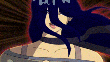 a cartoon of a woman with blue hair and a choker around her neck