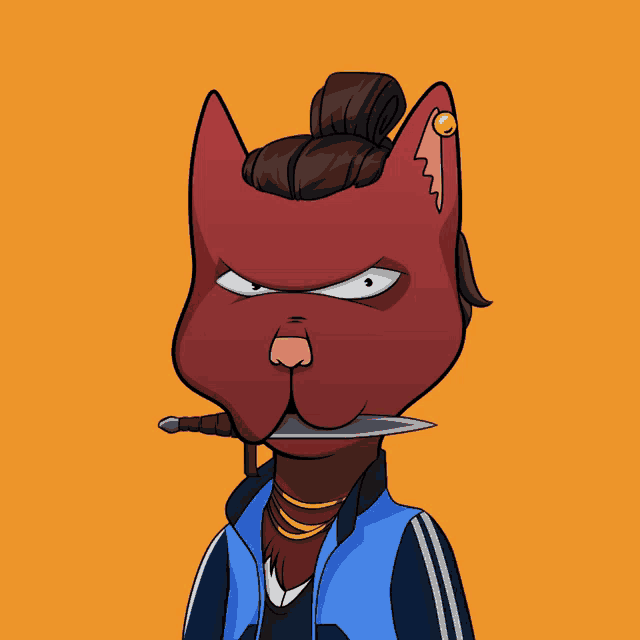a cartoon drawing of a cat with a sword in its mouth