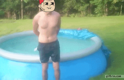 a shirtless man is standing in a swimming pool with a gifbin.com logo in the corner