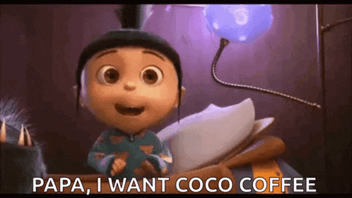 a cartoon girl is sitting on a bed and saying `` papa , i want coco coffee ''