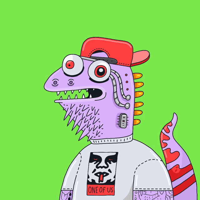 a cartoon drawing of a purple monster wearing sunglasses and a red hat