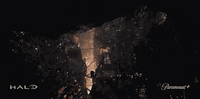 an advertisement for paramount + shows a helicopter flying over a city