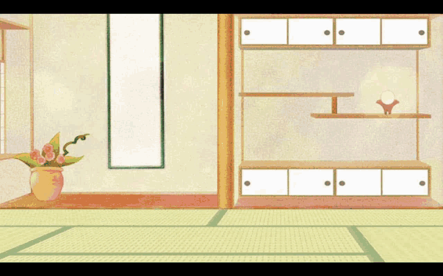 a cartoon girl with green hair is standing in a room with shelves