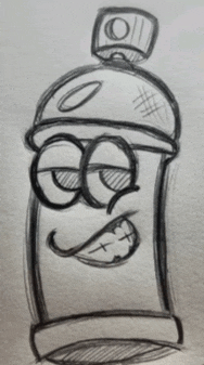 a drawing of a spray can with a face