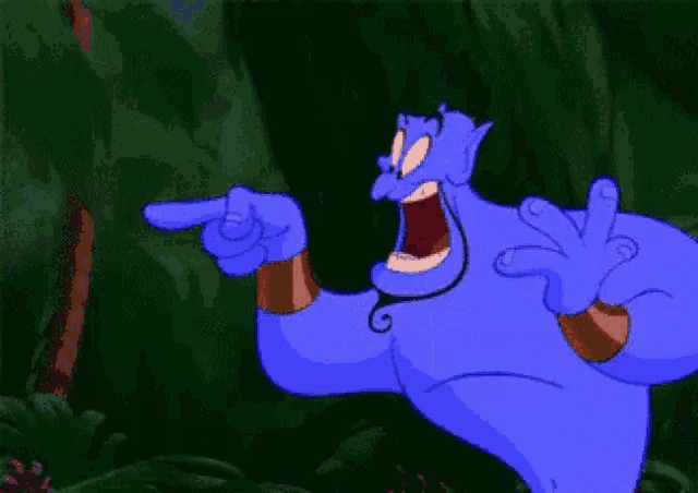 a genie pointing at something with the words oh mamma below him
