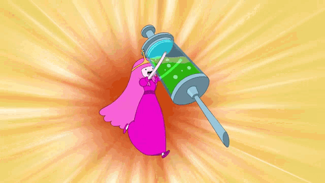 a cartoon character holding a syringe with a green liquid in it