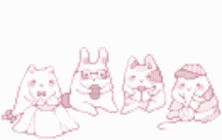 a pixel art of a group of cats and a speech bubble that says commissions .