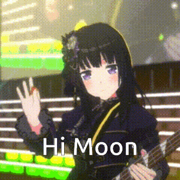 a girl is playing a guitar and waving at the camera while saying hi moon .