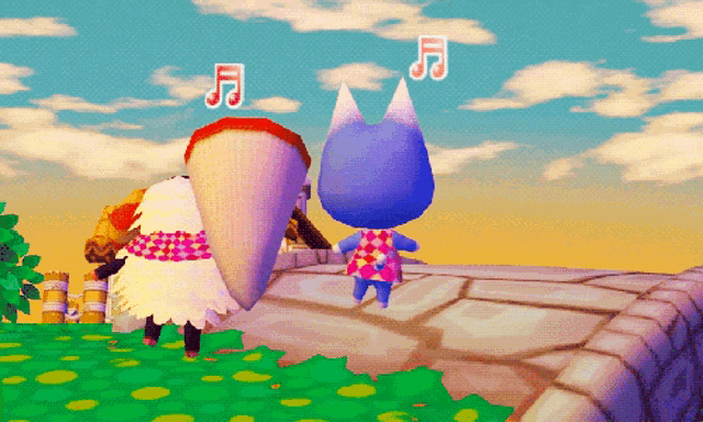 a video game shows a blue cat and a white cat dancing