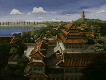 a painting of a city with chinese buildings and a lake in the background