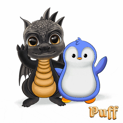 a black dragon and a blue penguin are standing next to each other with the word puff behind them