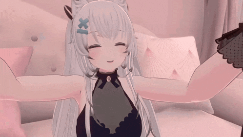 a girl with white hair and a blue x on her head