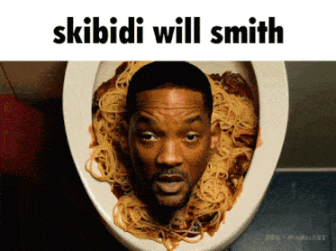 a man sitting in a toilet bowl with spaghetti on his face and the words skibidi will smith above him
