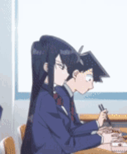 a man and a woman are sitting at a desk in a classroom eating food with chopsticks .