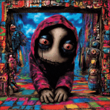 a colorful painting of a monster in a red hood