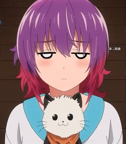 a girl with purple hair is holding a stuffed cat in her arms