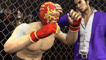 a man in a purple suit is standing next to a man wearing a mask