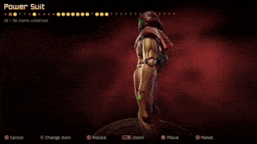 a video game screen shows a power suit with a gun