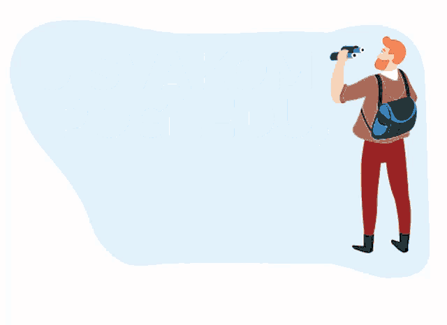 a man with a backpack is looking through binoculars with the words " u svakom pogledu super je pogled " below him