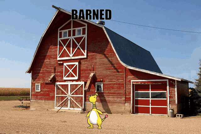 a red barn with the word barned on top