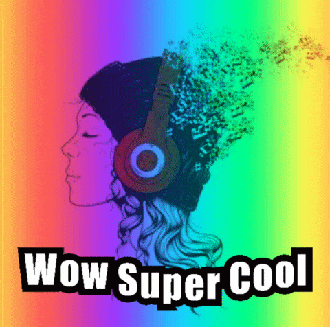 a woman wearing headphones with the words wow super cool on the bottom