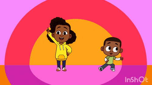 a boy and a girl are standing next to each other and the girl is pointing