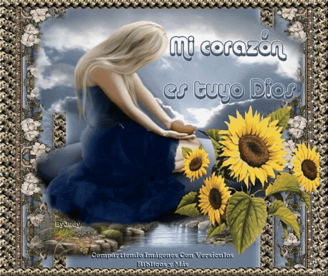 a picture of a woman kneeling down with the words mi corazon es tuyo dios