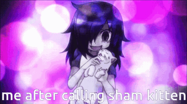 a girl is holding a kitten in her arms with the words `` me after calling sham kitten '' written on the bottom .