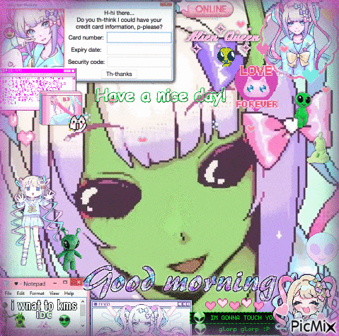 a pixel art of an alien saying have a nice day and good morning