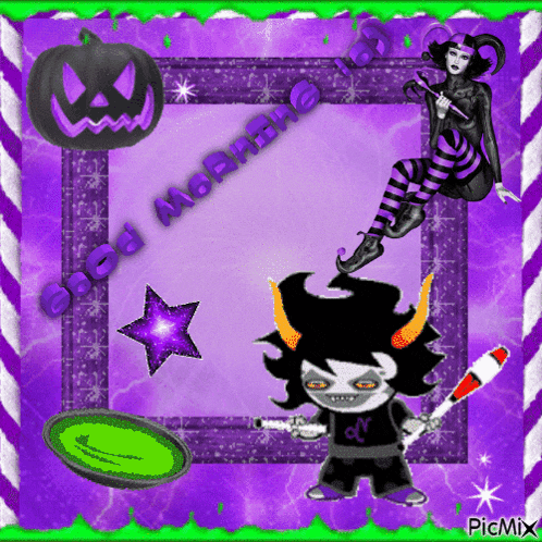 a purple and green frame with a picture of a troll and the words good morning on it