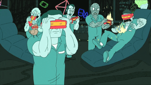 a cartoon of a man wearing a virtual reality headset surrounded by zombies