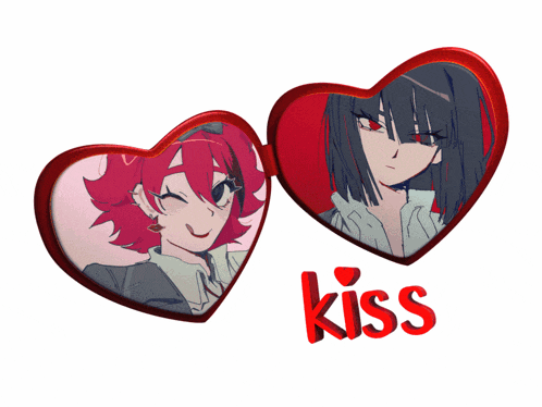 a picture of two anime girls with the word kiss in red