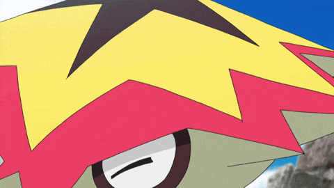 a close up of a cartoon character with a red and yellow lightning bolt on his head
